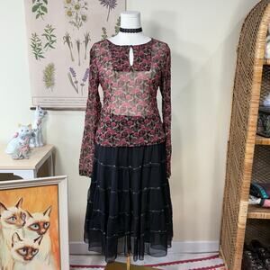 90s Y2k Sheer Floral Nylon Mesh Top Dark Fairy Grunge Romantic Goth Whimsigoth L